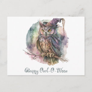 Postal Festiva Feliz Owl-O-Ween Místico Pastel Búho Halloween