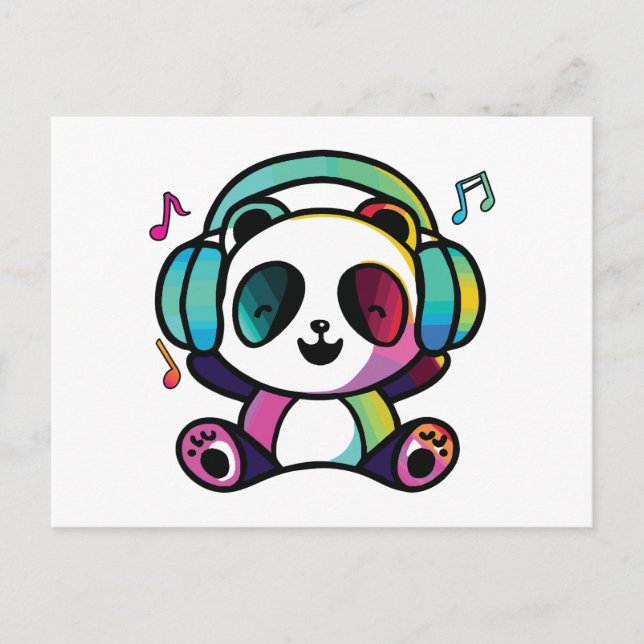 Postal Festiva Feliz Panda con auriculares escuchando música. (Anverso)