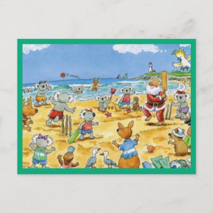 Postal Festiva Feliz Papá Noel con animales en la playa