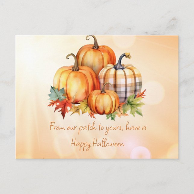 Postal Festiva Feliz Parche de Calabaza de Halloween y deja Hallo (Anverso)