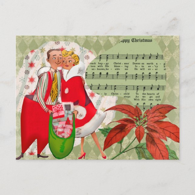 Postal Festiva Feliz Pareja de Navidades de Retro de los años 50 (Anverso)