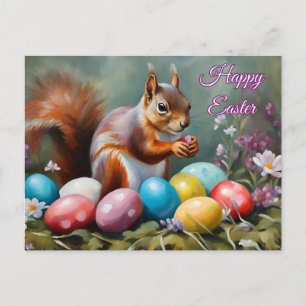Postal Festiva Feliz Pascua Ardilla con Huevos de Pascua, Flores 