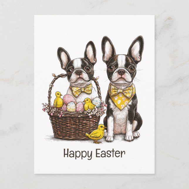 Postal Festiva Feliz Pascua Boston Terrier Dogs (Anverso)