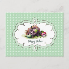 Postal Festiva Feliz Pascua. Cesta vintage con huevos