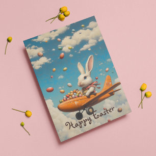 Postal Festiva Feliz Pascua, conejo de Pascua volando con huevos