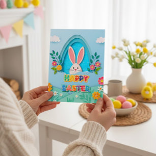 Postal Festiva Feliz Pascua Conejo de Pascua y Floral Caprichos