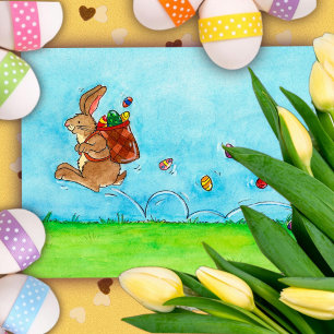 Postal Festiva Feliz Pascua Conejo Saltarín con Huevos