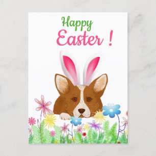 Postal Festiva Feliz Pascua   Corgi con conejito de Pascua