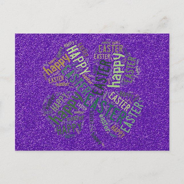 Postal Festiva Feliz Pascua de cuatro hojas Purpurina Purple Gree (Anverso)