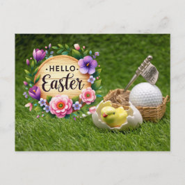 Postal Festiva Feliz Pascua de golf con pollo y pelota de golf