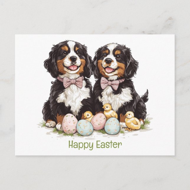 Postal Festiva Feliz Pascua de los perros de montaña de Bernese h (Anverso)