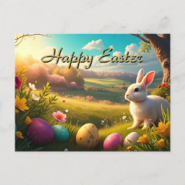 Postal Festiva Feliz Pascua en un paisaje primaveral