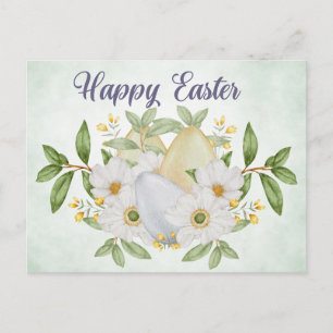 Postal Festiva Feliz Pascua Flores de Acuarela y Huevos de Pascua