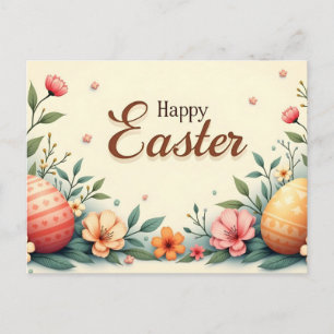 Postal Festiva Feliz Pascua Flores de primavera y huevos de Pascu