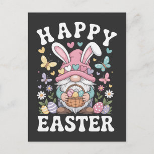 Postal Festiva Feliz Pascua Gnomo Con Orejas De Conejo Huevos Col