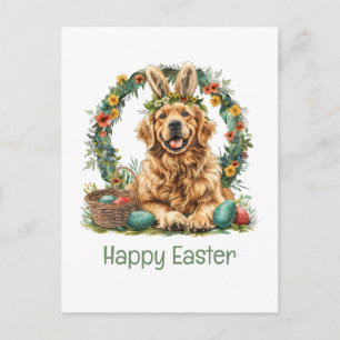Postal Festiva Feliz Pascua Golden Retriever Perro Orejas de Cone
