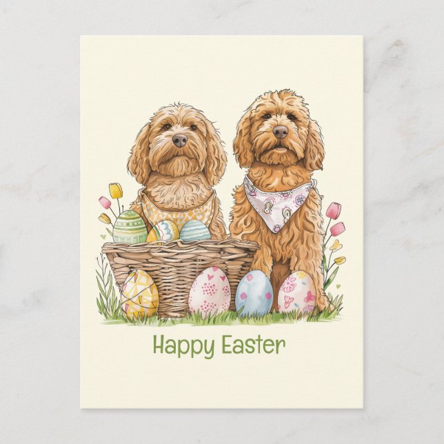 Postal Festiva Feliz Pascua Goldendoodle Dogs (Anverso)