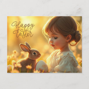 Postal Festiva Feliz Pascua Niña Bonita con Conejito
