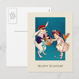 Postal Festiva Feliz Pascua. Niña y liebre vintage