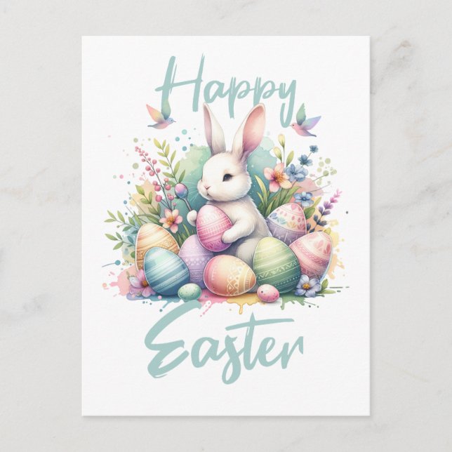 Postal Festiva Feliz Pascua pastel de Pascua Manejo Bunny Egy acu (Anverso)