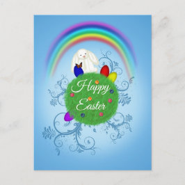 Postal Festiva Feliz Pascua Planeta Colorido y Conejito de Pascua