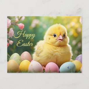 Postal Festiva Feliz Pascua Pollito de Pascua con Huevos Pintados