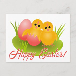 Postal Festiva Feliz Pascua pollitos amarillos en hierba verde