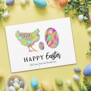 Postal Festiva Feliz Pascua Pollo y huevos acuarela