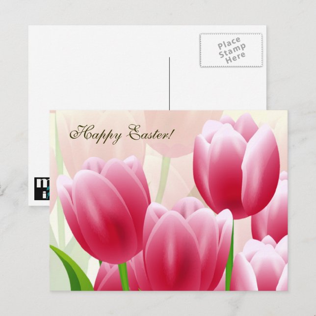 Postal Festiva Feliz Pascua. Tulipanes de primavera (Anverso / Reverso)