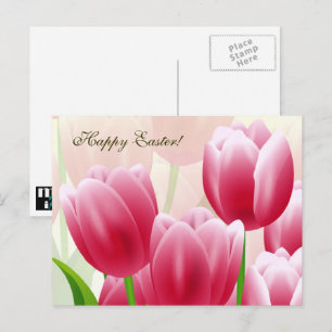 Postal Festiva Feliz Pascua. Tulipanes de primavera
