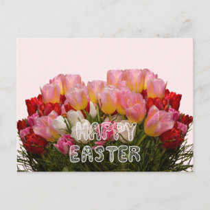 Postal Festiva Feliz Pascua Tulipanes Rosados, Blancos y Rojos