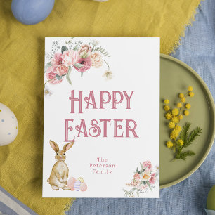 Postal Festiva Feliz Pascua Vintage Bunny and Flowers Easter