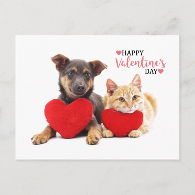 Postal Festiva Feliz perro y gato de San Valentín (Anverso)