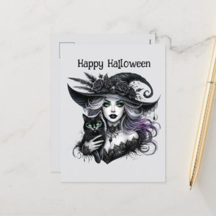 Postal Festiva Feliz personalizable de brujas espeluznante en Hal