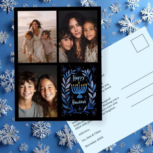 Postal Festiva FELIZ PERSONALIZADO de HANUKKAH 3 FOTO (HAPPY HANUKKAH Hand-Drawn CUSTOM 3 PHOTO Collage Holiday Postcard
)