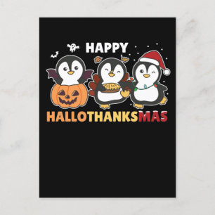 Postal Festiva Feliz Pingüino de los Pingüinos de Hallothanksmas