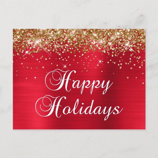 Postal Festiva Feliz Purpurina de oro Relieve metalizado rojo (Anverso)