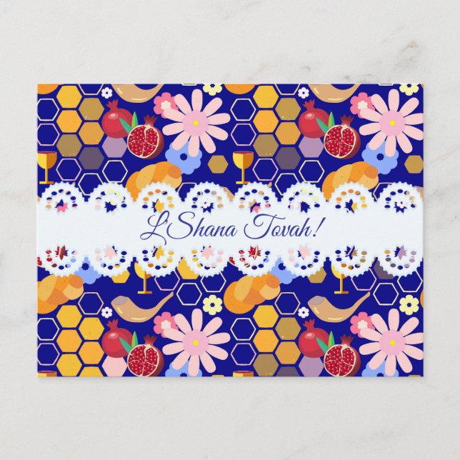 Postal Festiva Feliz Rosh Hashanah Patrón floral de Año Nuevo jud (Anverso)