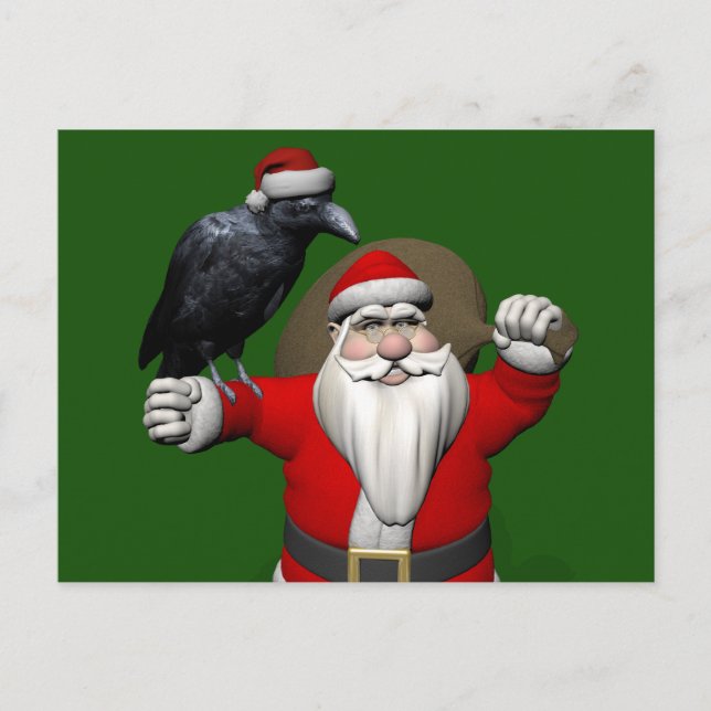 Postal Festiva Feliz Santa Claus con un gran raven (Anverso)