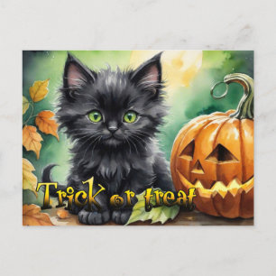 Postal Festiva Feliz truco de Halloween o trata a gatito