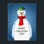 Postal Festiva Feliz y feliz hombre de nieve<br><div class="desc">El alegre muñeco de nieve con un gorra verde y una bufanda roja está listo para los Navidades.</div>