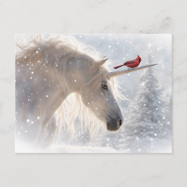 Postal Festiva Feliz Yule Unicorn y cardenal (Anverso)