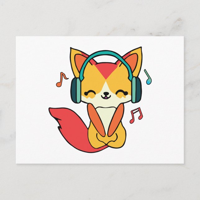 Postal Festiva Feliz zorro con auriculares escuchando música. (Anverso)
