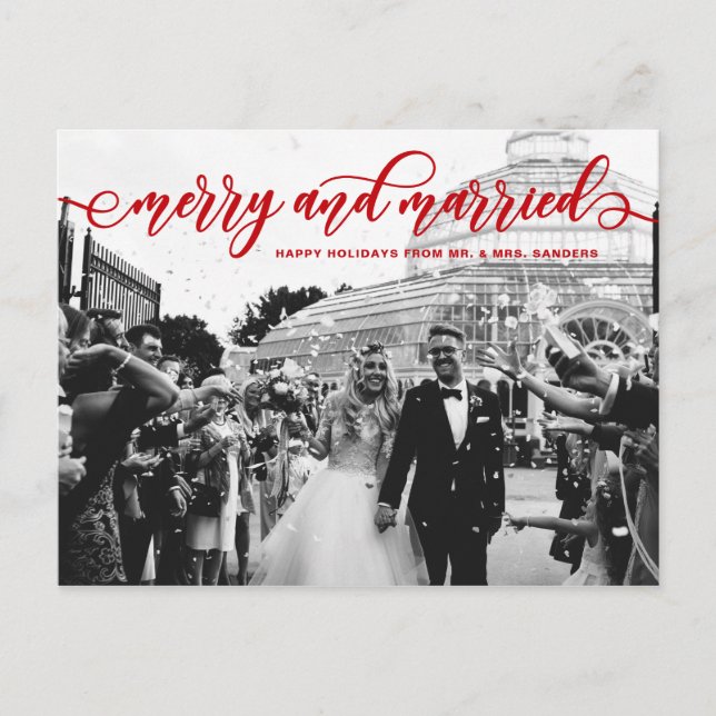 Postal Festiva Feriado Boda de caligrafía de moras rojas y casado (Anverso)