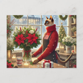 Postal Festiva Ferotismo gato con Navidades florales saludando