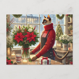 Postal Festiva Ferotismo gato con Navidades florales saludando