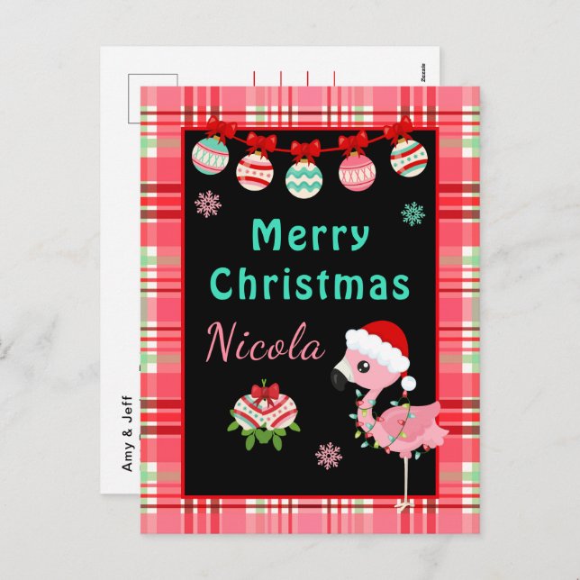 Postal Festiva Festive Flamingo Merry Christmas with Name (Anverso / Reverso)