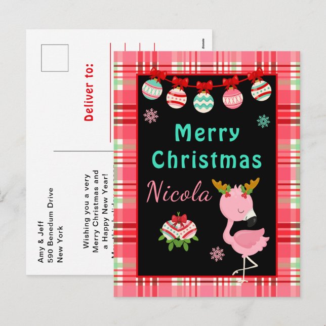 Postal Festiva Festive Flamingo Merry Christmas with Name (Anverso / Reverso)