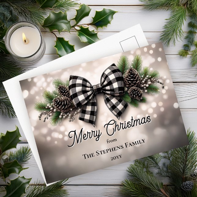 Postal Festiva Festive Holiday Wreath Merry Christmas Non-Photo (Festive Holiday Wreath with Black | White Check Coquette Bow "Merry Christmas" Postcard)