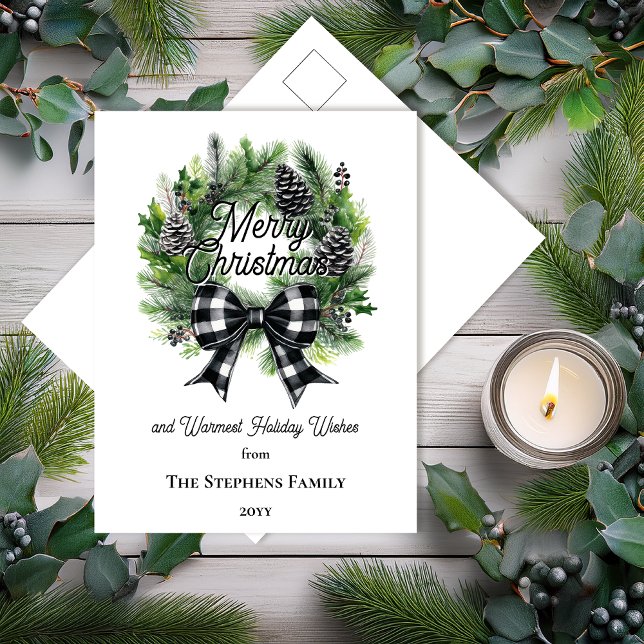 Postal Festiva Festive Holiday Wreath Merry Christmas Non-Photo (Festive Holiday Wreath with Black | White Check Coquette Bow "Merry Christmas" Postcard)